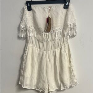 Ivory Off-Shoulder Romper with Lace Trim